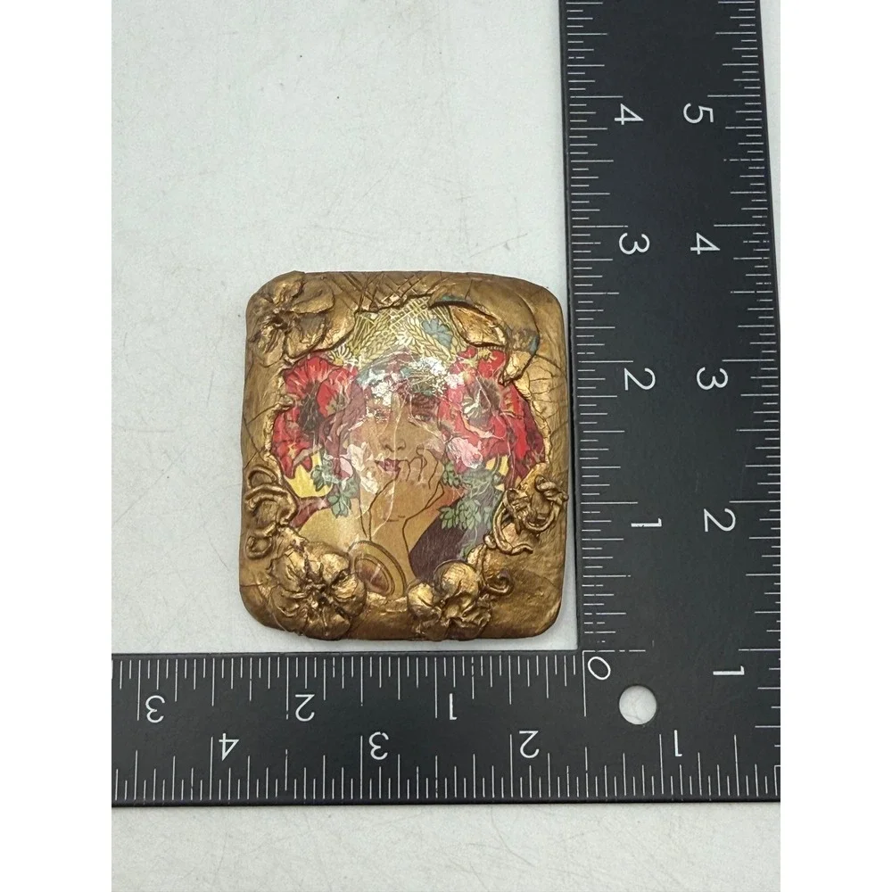 Alice James Mucha Art Nouveau Brooch Pin Gold Tone Handmade Artisan